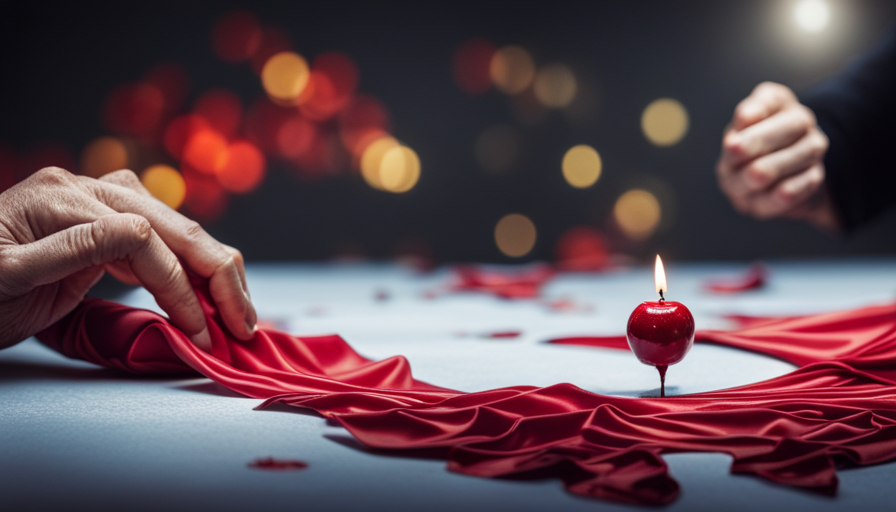 An image featuring a vibrant, patterned tablecloth with a spilled red candle on it