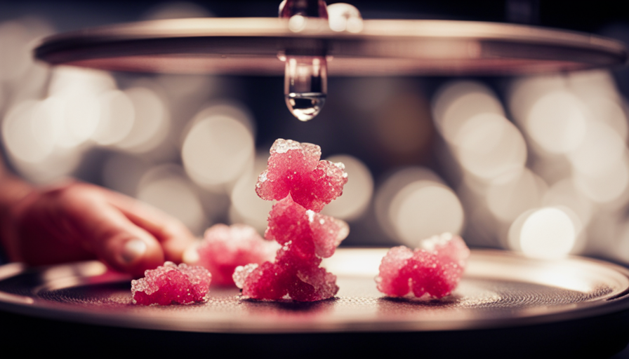 An image showcasing the process of making rock candy rapidly: a boiling pot of sugary liquid, suspended strings immersed in it, capturing the crystal growth, while a timer ticks away in the background