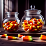 An image showcasing a clear glass jar filled with vibrant candy corn, nestled on a rustic wooden shelf