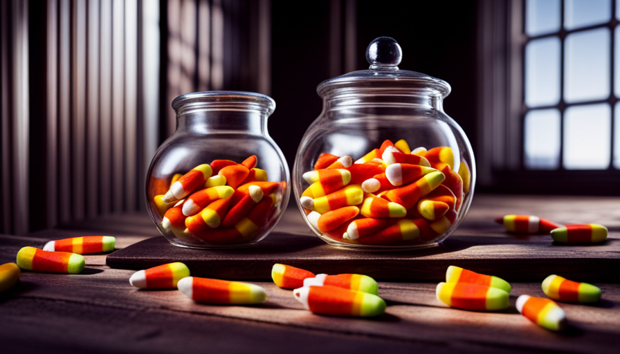 An image showcasing a clear glass jar filled with vibrant candy corn, nestled on a rustic wooden shelf
