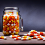 An image capturing a clear glass mason jar, brimming with vibrant layers of candy corn, showcasing its capacity to hold an abundance of these iconic Halloween treats
