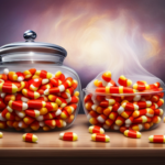 An image featuring a colorful, transparent bag bursting with an abundance of vibrant candy corns