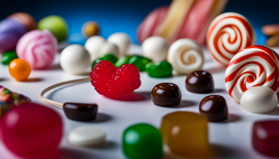 An image showcasing a vibrant collage of candy, featuring an assortment of lollipops, gummy bears, chocolate bars, licorice sticks, cotton candy, and jawbreakers, capturing the diverse world of candy