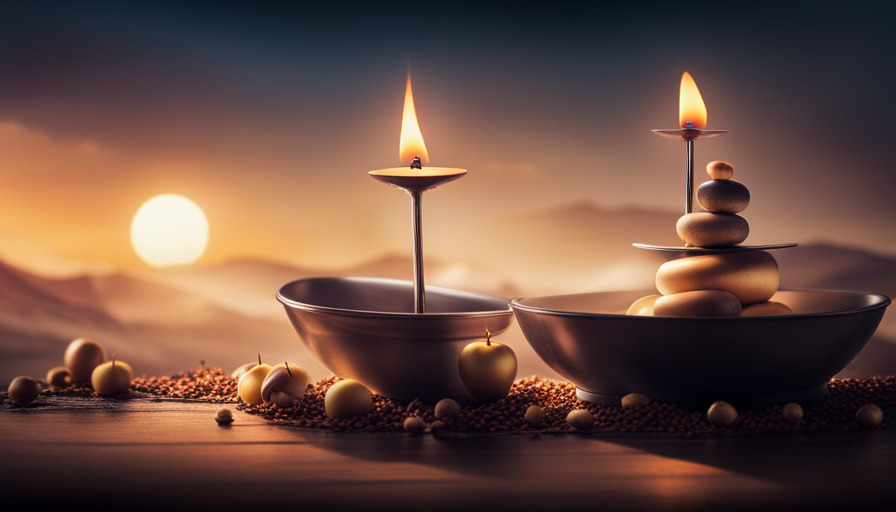 An image showcasing a meticulously balanced scale, delicately holding a slender, flickering candle on one side, while the other side is adorned with a stack of weighty objects, symbolizing the enigmatic weight of a candle
