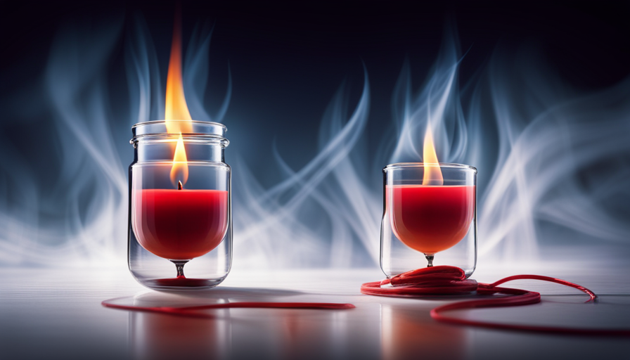 An image showcasing a glass jar filled with melted wax, an elegant silver dish holding a glowing red flame, and a thin wire suspended above, as if defying gravity, demonstrating the art of burning a candle without a wick