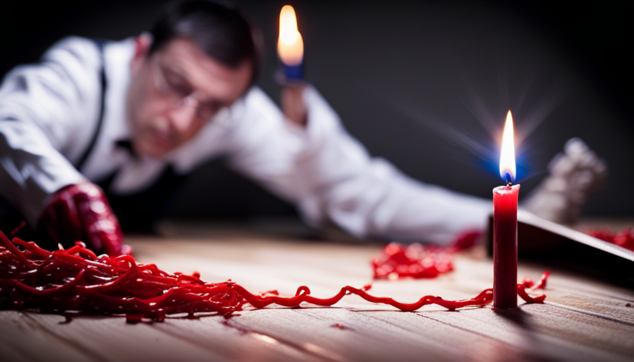 An image depicting a hardwood floor with a vibrant red candle overturned, showcasing melted wax spreading in intricate tendrils