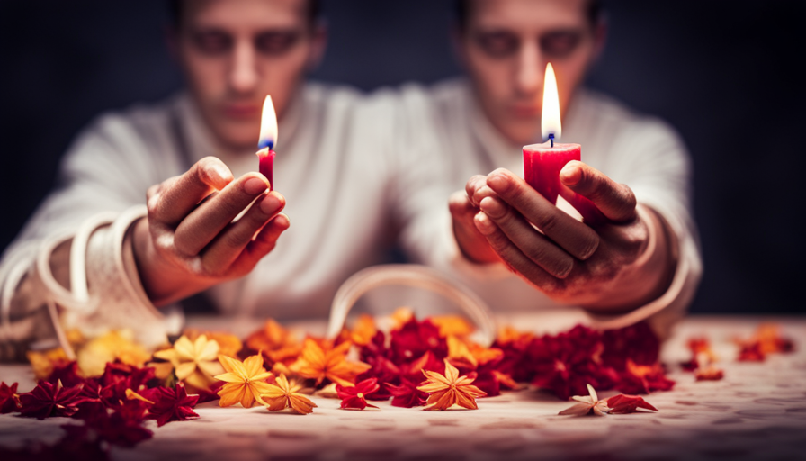 An image showcasing a pair of hands gently dipping a plain white candle into a vibrant palette of molten wax, capturing the intricate process of coloring a candle