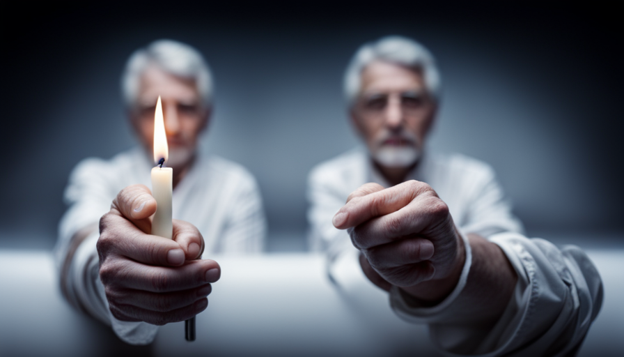 An image featuring a close-up view of a steady hand, holding a silver candle snuffer poised just above a flickering, slender white candle