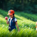 An image showcasing a Pokémon Go player surrounded by lush, forested terrain, diligently searching through tall grass for hidden Charmander candy