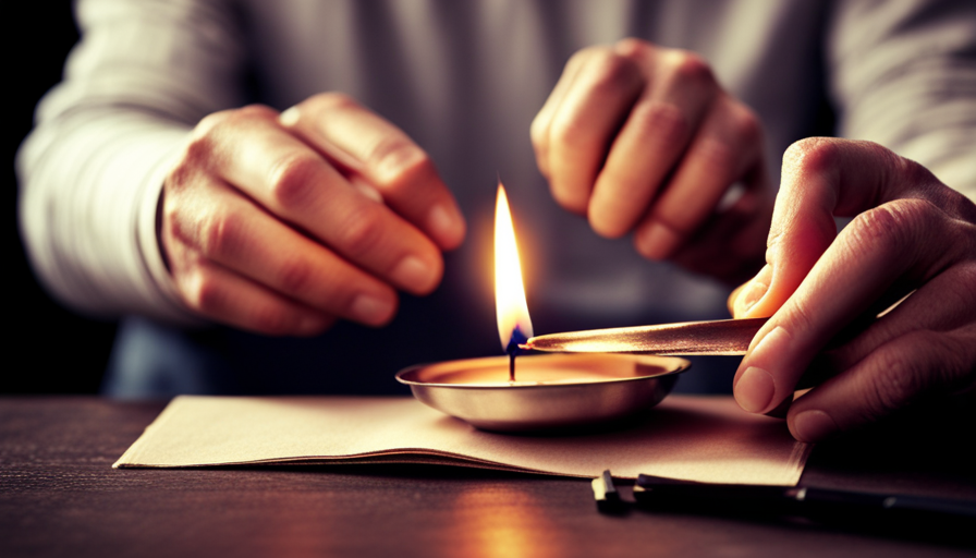 An image showcasing a pair of skilled hands delicately melting and reassembling a fractured candle, as warm, golden wax gently merges together, capturing the essence of a step-by-step guide on how to restore a broken candle