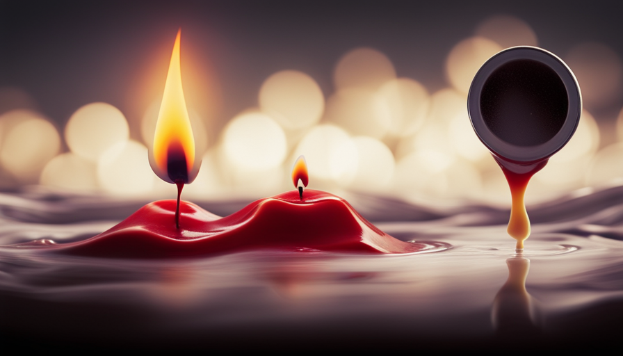 An image showcasing a close-up view of a partially melted candle, with one side burned down, revealing the uneven wax distribution and a wick protruding at an angle