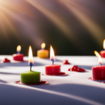 An image showcasing a pristine white tablecloth adorned with colorful candles