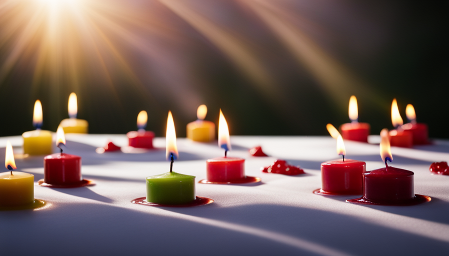 An image showcasing a pristine white tablecloth adorned with colorful candles