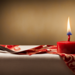 An image showcasing a floral-patterned tablecloth with a vibrant red candle wax spill
