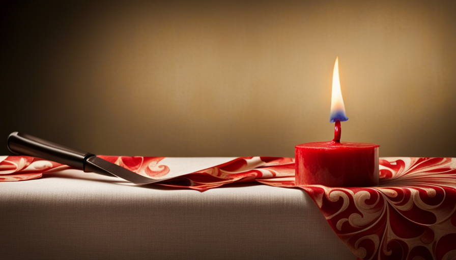 An image showcasing a floral-patterned tablecloth with a vibrant red candle wax spill