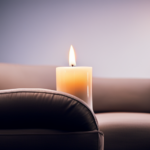 An image of a serene living room setting with a scented candle burning on a couch