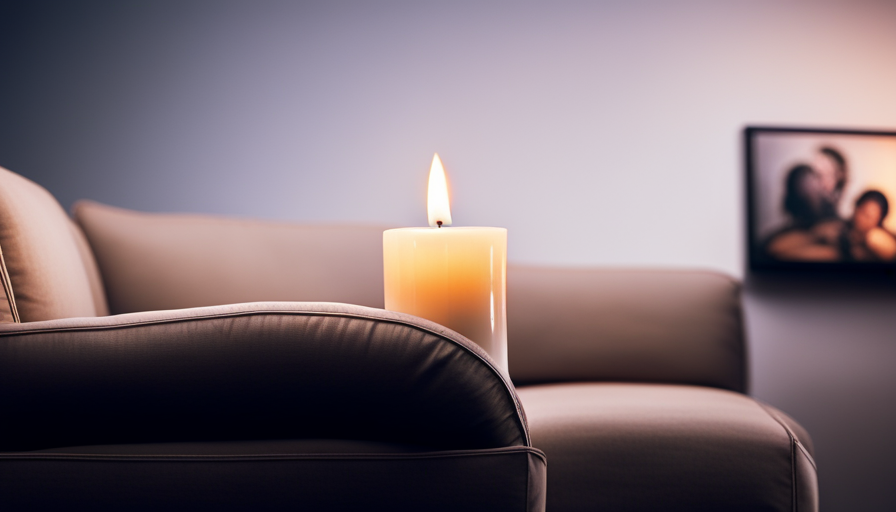 An image of a serene living room setting with a scented candle burning on a couch