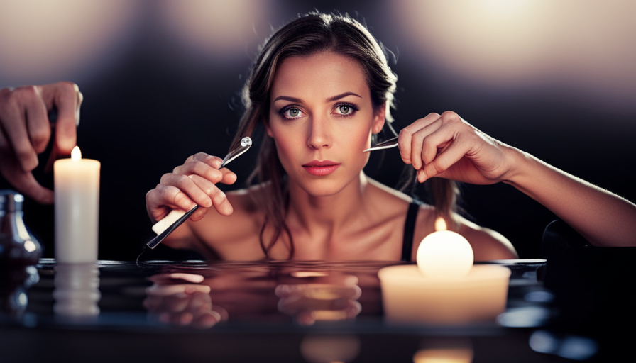 An image showcasing a person with a serene expression, delicately removing candle wax from their hair using tweezers, while a warm, gentle stream of water flows over their head from a faucet