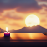 An image showcasing a Minecraft scene at dusk, with a player carefully using flint and steel to ignite a candle on a wooden table