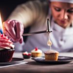 An image showcasing the step-by-step process of making a cupcake candle: a hand pouring melted wax into a cupcake mold, a wick being inserted, the candle cooling and solidifying, and finally, a beautifully decorated cupcake candle ready to be lit