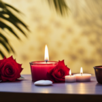 An image capturing the serene ambiance of a dimly lit room, showcasing a handmade massage oil candle gently glowing, while warm fragrant oils pool elegantly around it, ready to melt your stress away
