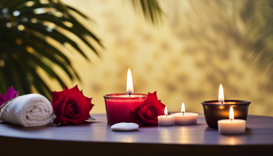 An image capturing the serene ambiance of a dimly lit room, showcasing a handmade massage oil candle gently glowing, while warm fragrant oils pool elegantly around it, ready to melt your stress away