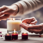 An image showcasing the process of making a Woodwick candle: a pair of hands delicately pouring melted soy wax into a glass jar, a wooden wick centered in the wax, surrounded by jars filled with colorful fragrance oils and dried flowers