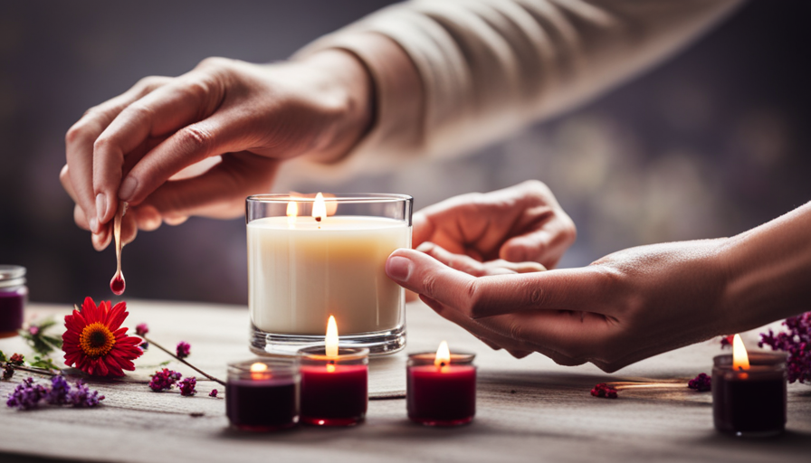 An image showcasing the process of making a Woodwick candle: a pair of hands delicately pouring melted soy wax into a glass jar, a wooden wick centered in the wax, surrounded by jars filled with colorful fragrance oils and dried flowers