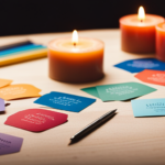 An image showcasing a creative workspace with an assortment of colorful candle labels, neatly arranged on a table