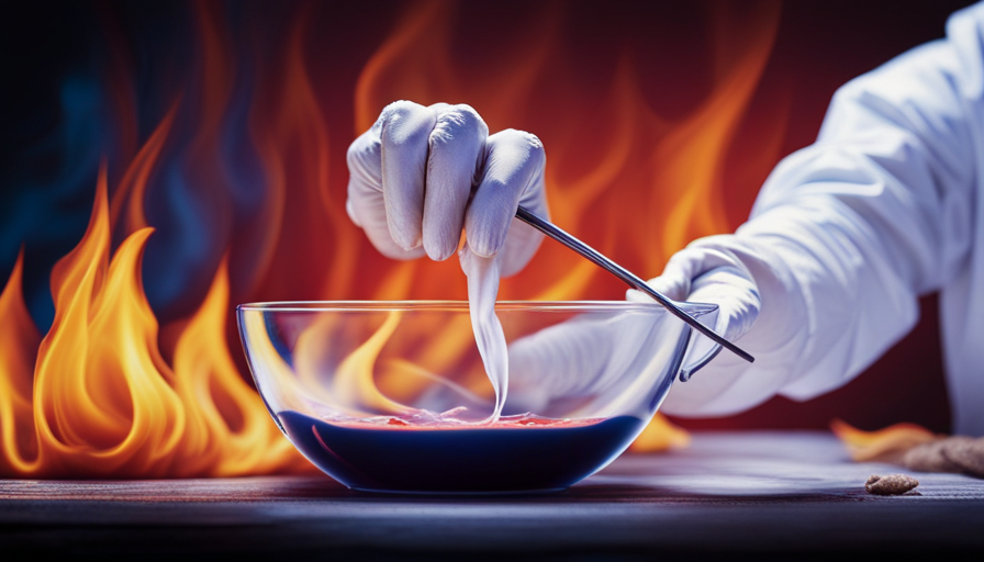An image showcasing the mesmerizing process of making whipped candle wax: a gloved hand artfully whisking molten wax in a glass bowl, forming delicate peaks resembling fluffy clouds, against a backdrop of colorful candle molds and flickering flames