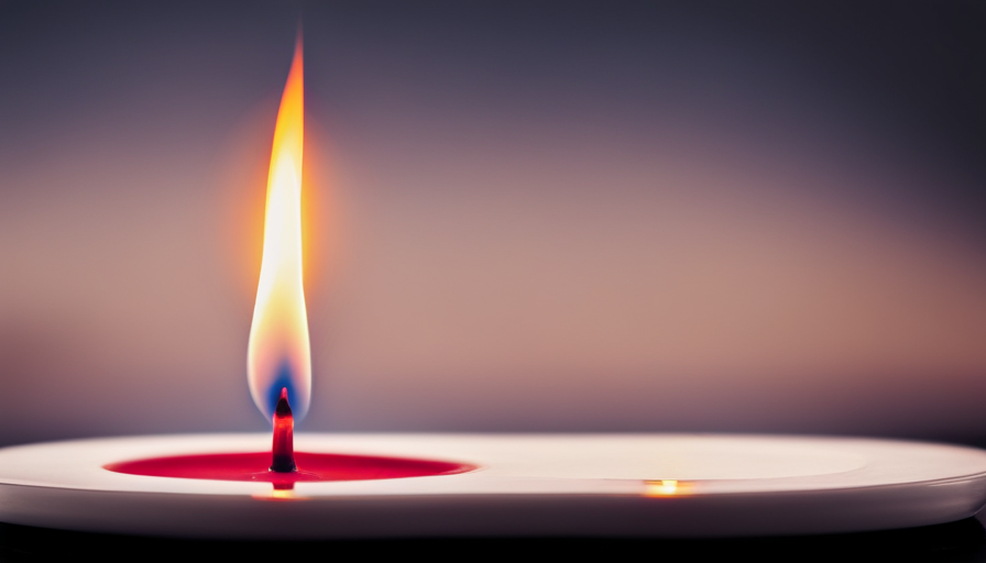 An image capturing the delicate dance of a flickering candle flame being gently engulfed by the radiant heat of a stovetop burner, showcasing the step-by-step process of melting a candle with vivid clarity