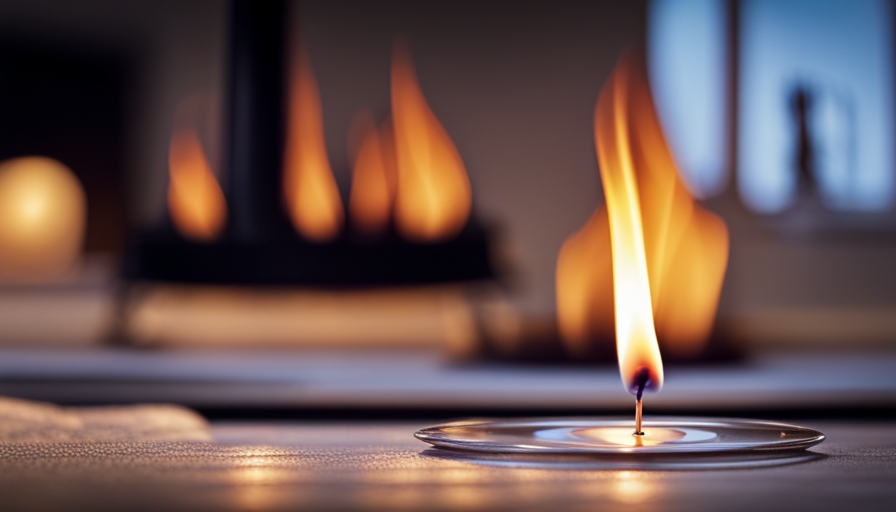 An image capturing the mesmerizing sight of a flickering candle flame, gently glowing amidst a warm and inviting kitchen