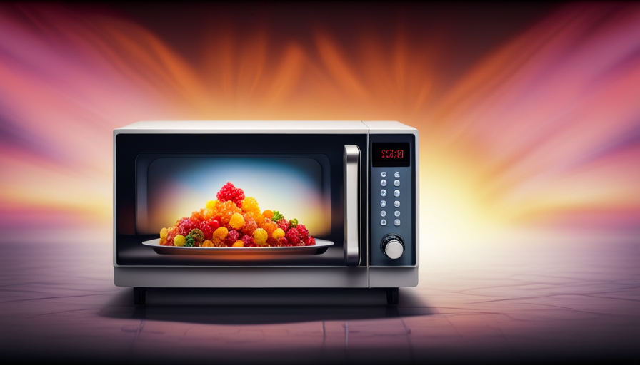 An image showcasing a microwave with a glass container filled with chunks of colorful candle wax