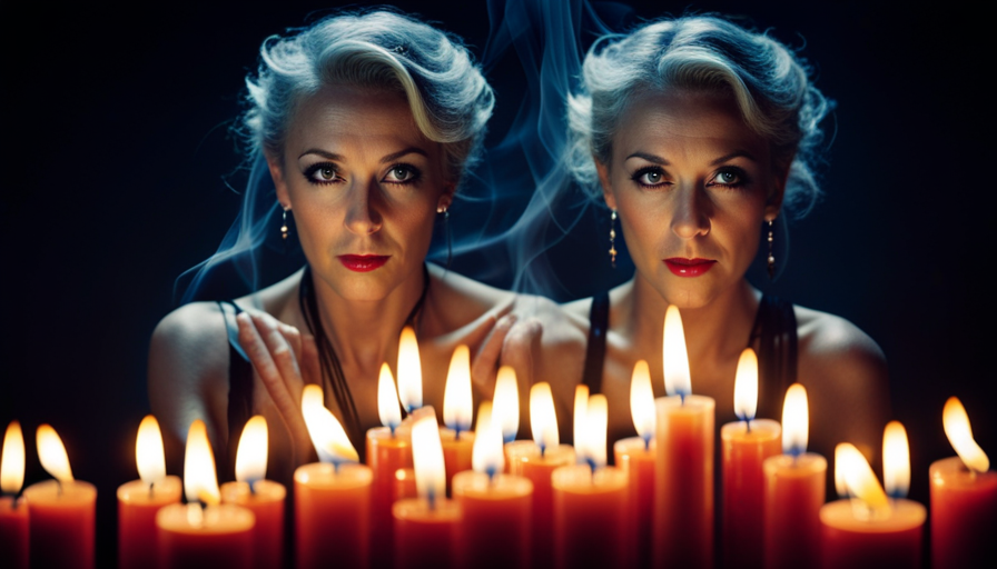 A captivating image of a person gently cupping a snuffer over a flickering candle flame, casting a soft glow on their serene face, as wisps of smoke rise and disperse into the dimly lit room