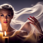An image capturing the delicate motion of a hand gracefully enveloping a flickering candle flame, gently extinguishing it as tendrils of smoke curl upwards, against a backdrop of dimly lit surroundings