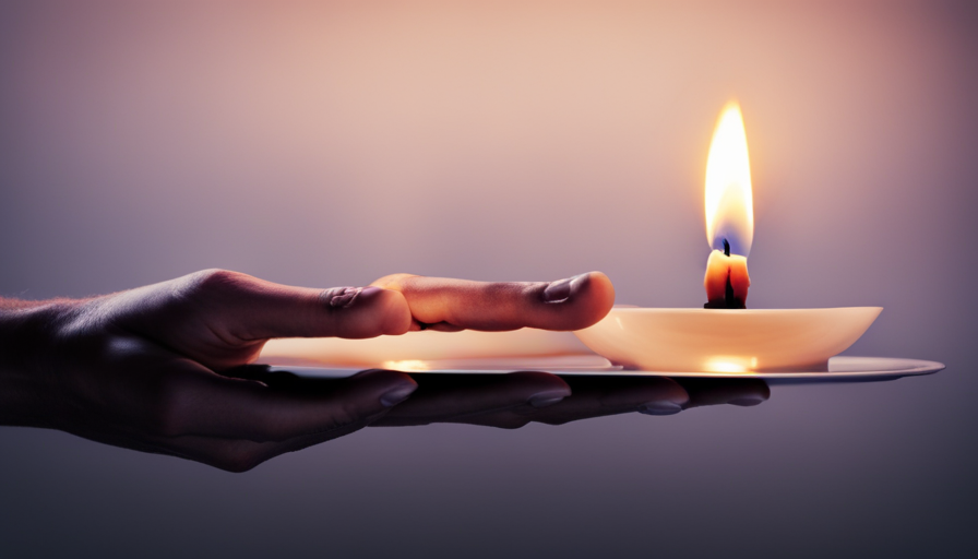 An image showcasing a hand holding a candle holder submerged in hot water, with melted wax gently flowing out, revealing a clean and pristine holder