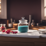 An image showcasing a cozy kitchen with a marble countertop adorned with colorful jars of various candies, neatly organized