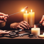 An image showcasing a pair of hands gently trimming a perfectly centered wick, surrounded by an assortment of essential candle care tools such as a snuffer, a wick trimmer, and a heat-resistant plate