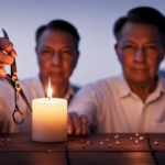 An image that showcases a close-up view of a hand holding a sharp pair of scissors poised above a candle
