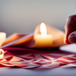 An image showcasing hands delicately folding vibrant patterned paper around a slender, ivory candle