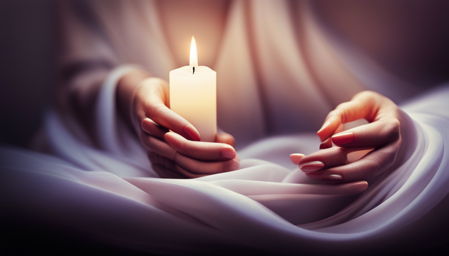 An image showcasing hands delicately cradling a round candle, expertly enveloped in a vibrant, shimmering fabric