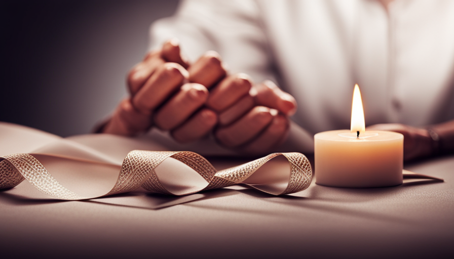 An image showcasing a pair of skillful hands gently enveloping a slender, aromatic candle in exquisite, shimmering paper