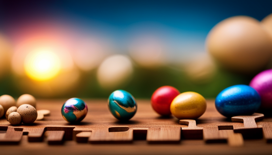 An image showcasing a colorful assortment of Easter eggs filled with vibrant surprises: mini toy cars, bouncy balls, temporary tattoos, puzzle pieces, and cute erasers