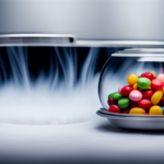 An image showcasing a vacuum-sealed chamber filled with an assortment of colorful candies, surrounded by ultra-cold liquid nitrogen canisters, and a freeze-drying machine gently extracting moisture from the treats