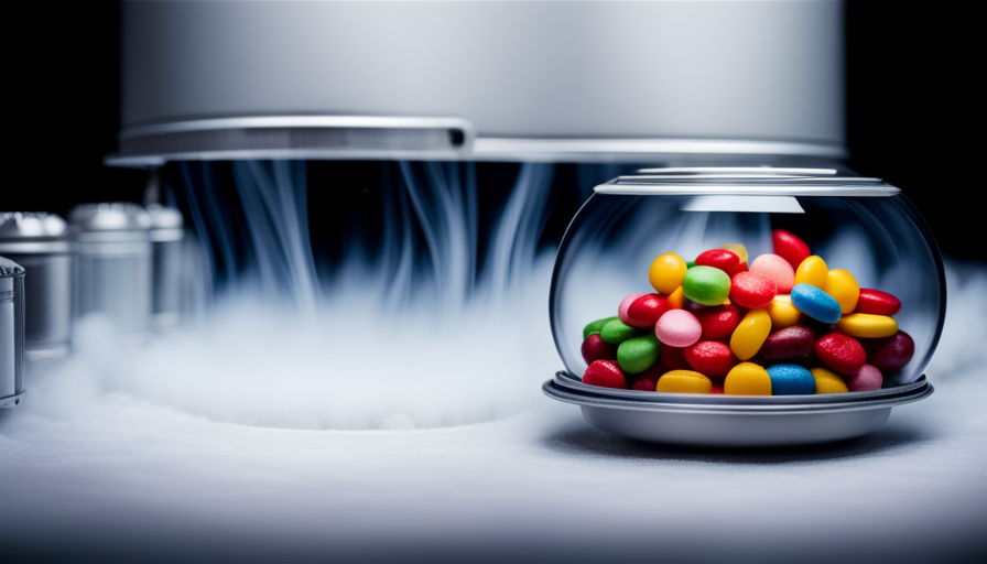 An image showcasing a vacuum-sealed chamber filled with an assortment of colorful candies, surrounded by ultra-cold liquid nitrogen canisters, and a freeze-drying machine gently extracting moisture from the treats