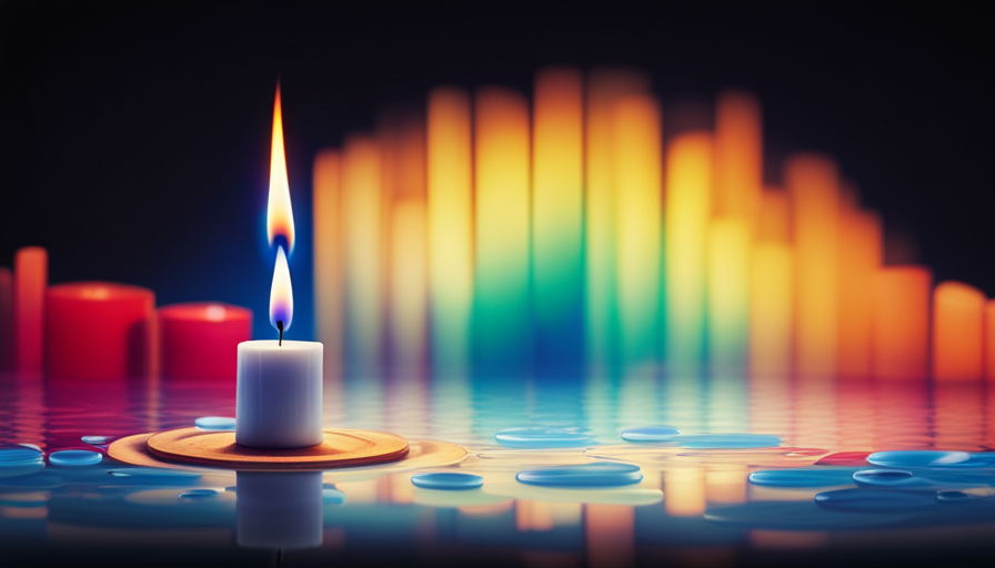 An image showcasing a lit candle with a wick surrounded by a circle of colorful wax samples at varying distances, each melting at different rates, representing the concept of flash point in candle making