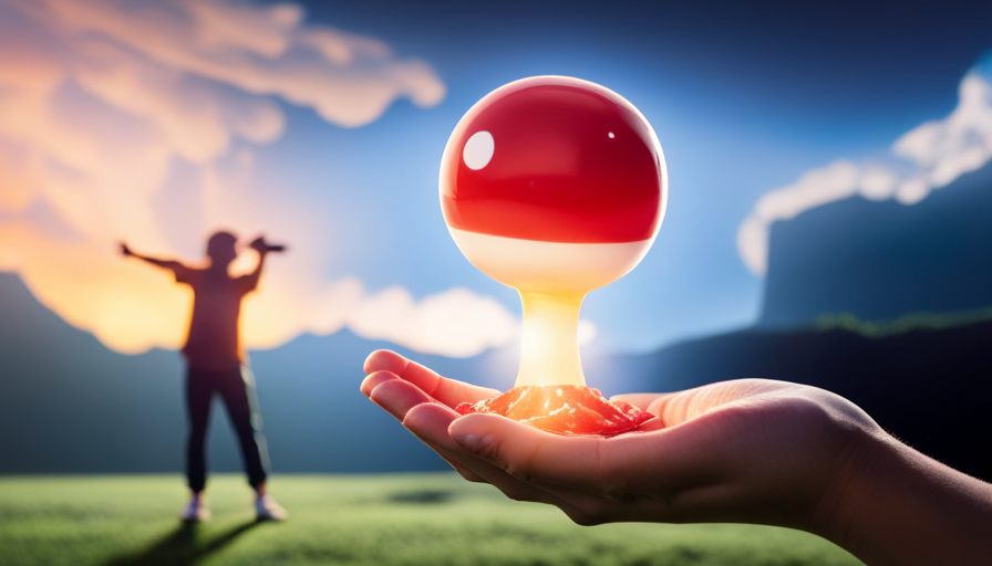 An image showcasing a trainer's hand holding an Xl Candy, with a glowing aura emitting from it