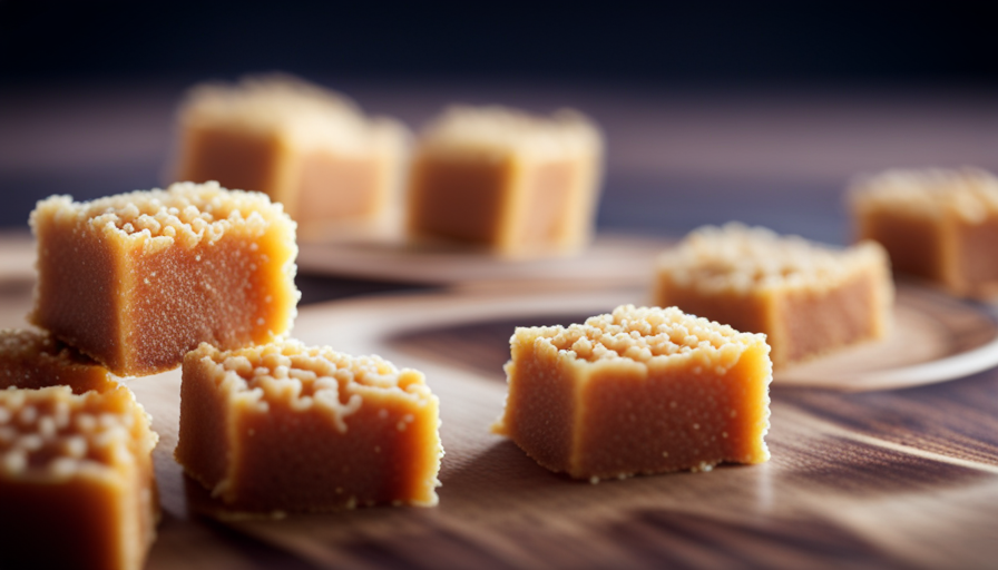 An image showcasing a close-up of a luscious, golden-brown sponge candy square