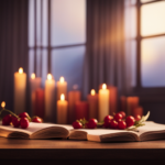 An image featuring a cozy, dimly lit room with a beautifully adorned table displaying a burning candle