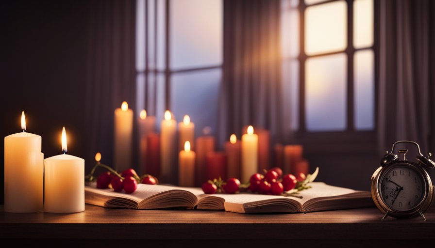 An image featuring a cozy, dimly lit room with a beautifully adorned table displaying a burning candle